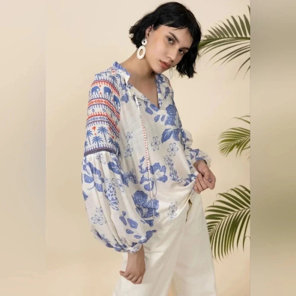 Emily Lovelock NWT Boho Style Bishop Sleeve Loose fitting Blouse size SMALL - Picture 2 of 16